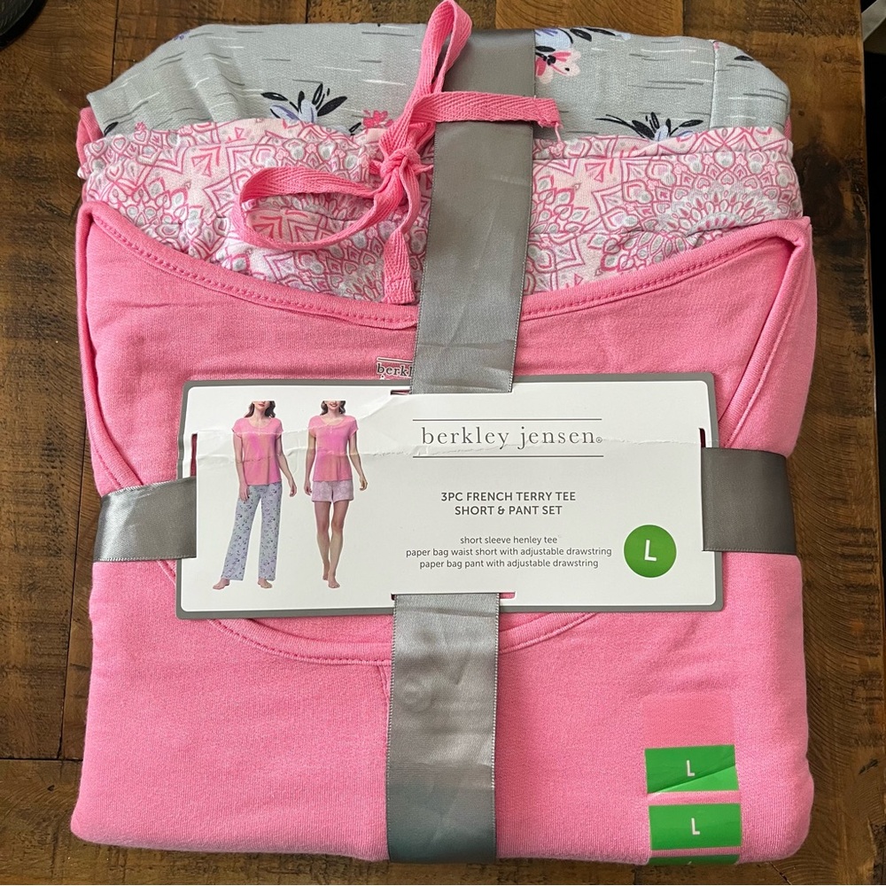 NWT Berkley Jensen Pyjamas PJ Set 3 PC French Terry Tee Shorts Pants Short New
